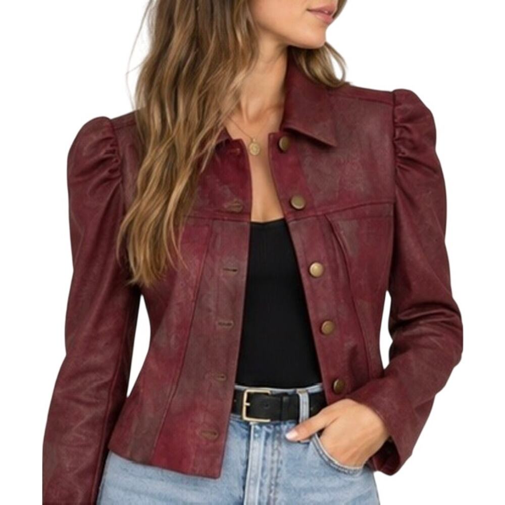Drew Giselle Faux Suede Puff Sleeve Jacket Shacket Burgundy Size XS 0 - 2
